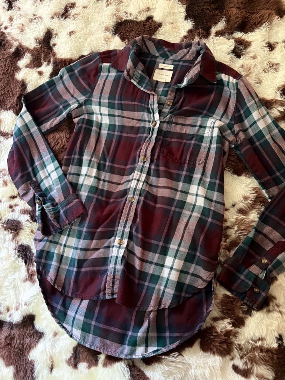 American Eagle Outfitters Burgundy and Green Plaid Button-Down Shirt